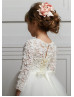 Three Quarter Sleeves Ivory Lace Tulle 3D Flowers Corset Back Flower Girl Dress